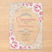 Pink Silver Floral Quinceanera Acryl Uitnodigingen (Voorkant)