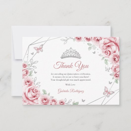 Pink Silver Floral Quinceanera Bedankkaart (Voorkant)
