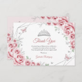 Pink Silver Floral Quinceanera Bedankkaart (Voorkant / Achterkant)