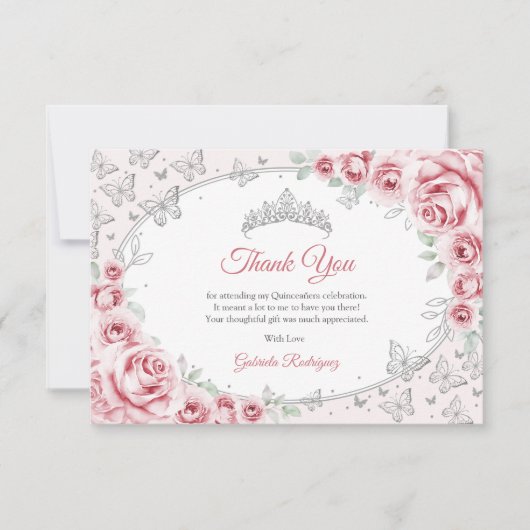 Pink Silver Floral Quinceanera Bedankkaart (Voorkant)