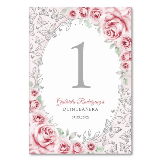 Pink Silver Floral Quinceanera Kaart (Voorkant)