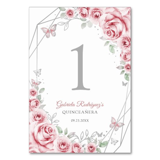 Pink Silver Floral Quinceanera Kaart (Voorkant)