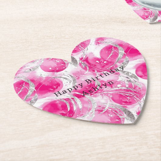 Pink Silver Glam Abstract Circles Verjaardag Kartonnen Onderzetters (Gekanteld)