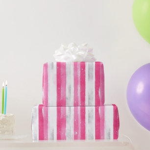Pink Silver Glam Abstract Stripes Verjaardag Cadeaupapier