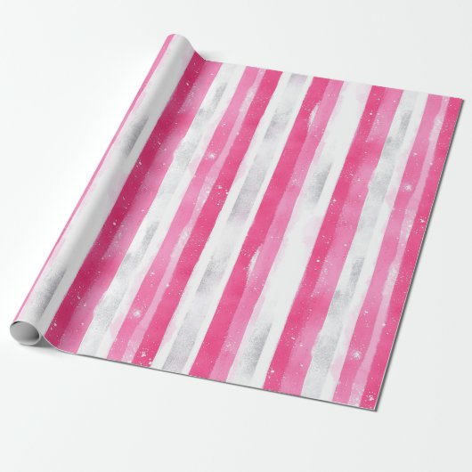 Pink Silver Glam Abstract Stripes Verjaardag Cadeaupapier (Uitgerold)