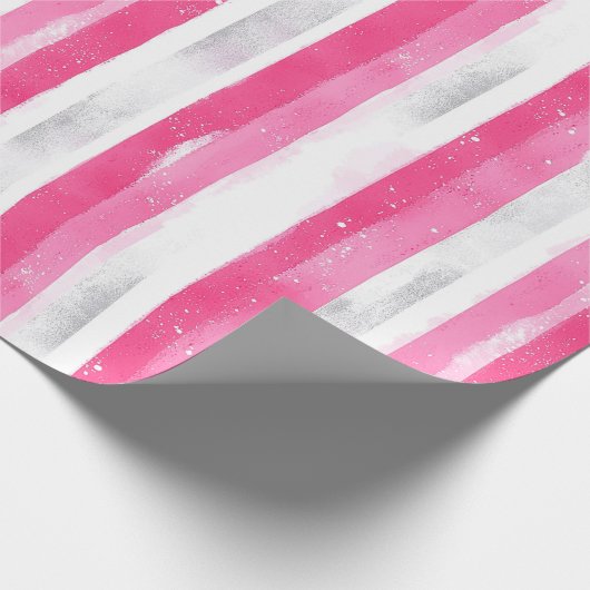 Pink Silver Glam Abstract Stripes Verjaardag Cadeaupapier (Hoek)
