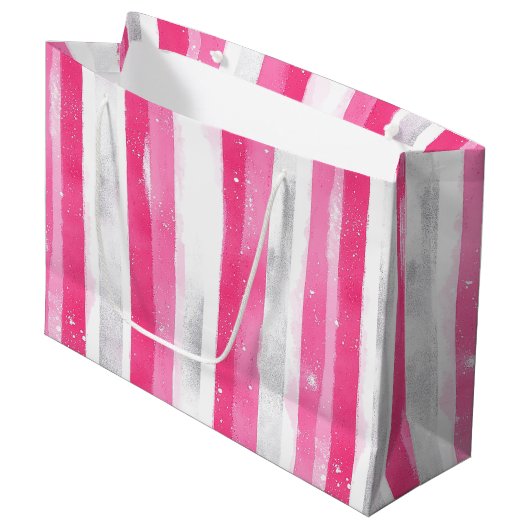 Pink Silver Glam Abstract Stripes Verjaardag Groot Cadeauzakje (Voorkant Gekanteld)