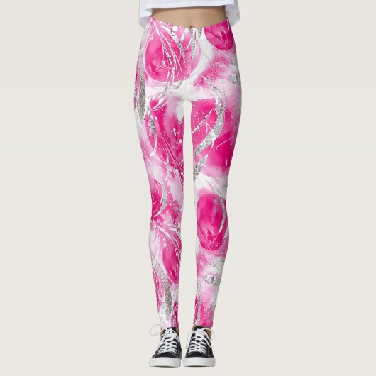 Pink Silver Glam Abstracte cirkels Leggings (Voorkant)