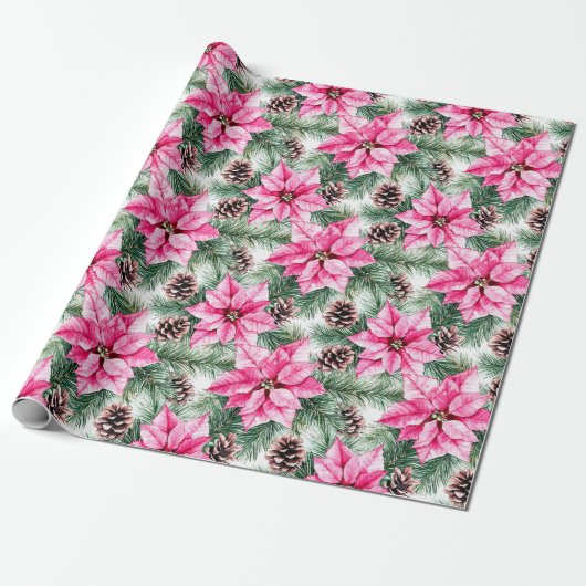 Pink Silver Glam Poinsettia Flowers Christmas Cadeaupapier (Uitgerold)
