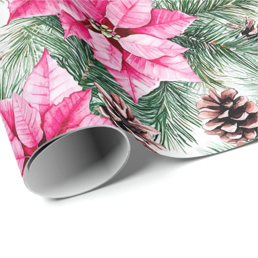 Pink Silver Glam Poinsettia Flowers Christmas Cadeaupapier (Rol Hoek)