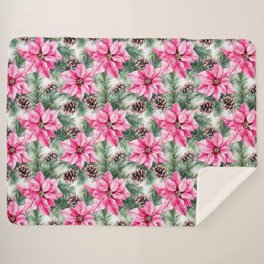 Pink Silver Glam Poinsettia Flowers Christmas Sherpa Deken (Voorkant (horizontaal))