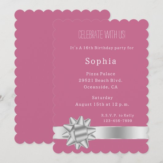 Pink Silver Glam Ribbon en Boog Verjaardag Kaart (Voorkant / Achterkant)