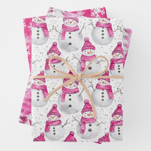 Pink Silver Glam Snowflakes Christmas Tree Snowman Inpakpapier Vel (In situ)