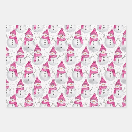 Pink Silver Glam Snowflakes Christmas Tree Snowman Inpakpapier Vel (Voorkant)