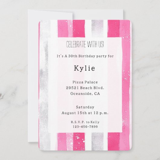 Pink Silver Glam Stripes Verjaardag Kaart (Voorkant)