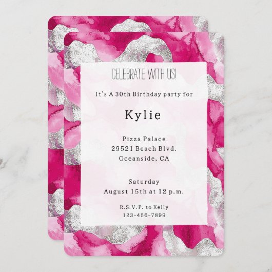 Pink Silver Glam Verjaardag Kaart (Voorkant / Achterkant)