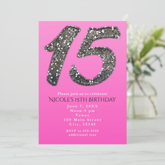 Pink & Silver Glitter 15 uitnodigingen voor 15 fee (Staand voorkant)