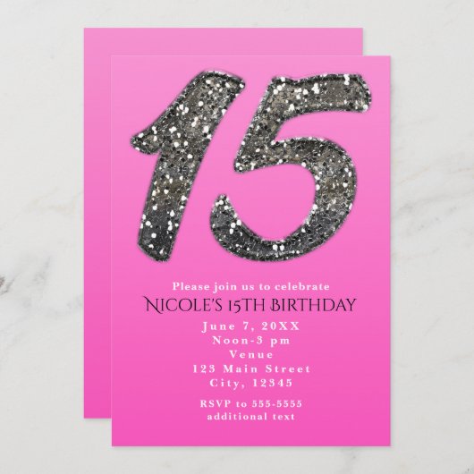 Pink & Silver Glitter 15 uitnodigingen voor 15 fee (Voorkant / Achterkant)