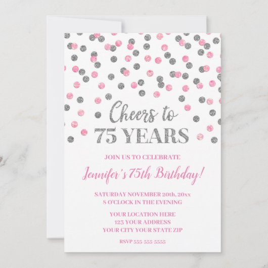 Pink Silver Glitter Confetti juicht tot 75 jaar Kaart (Achterkant)