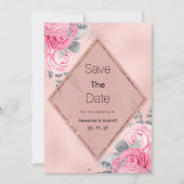 Pink silver glitter peony floral Save The Date Kaart (Voorkant)