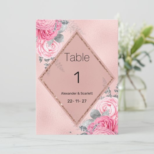 Pink silver glitter peony floral Table Numbers Kaart (Staand voorkant)