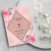Pink silver glitter peony floral Table Numbers Kaart
