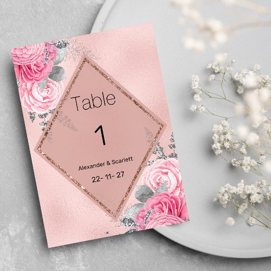 Pink silver glitter peony floral Table Numbers Kaart