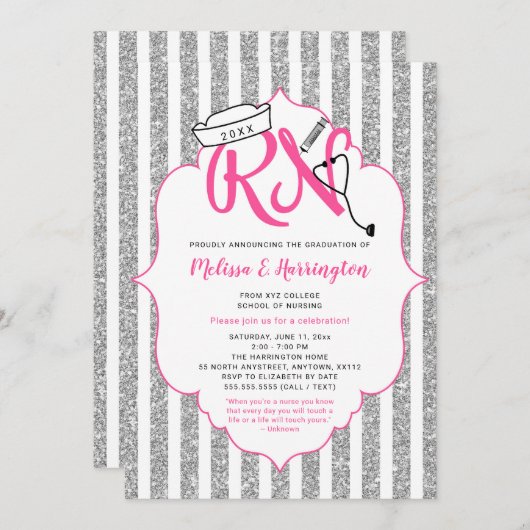 Pink Silver Glitter RN afstudeerfeest Kaart (Voorkant / Achterkant)