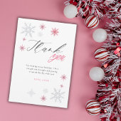 Pink Silver Glitter Snowflakes 1st Birthday Party Bedankkaart