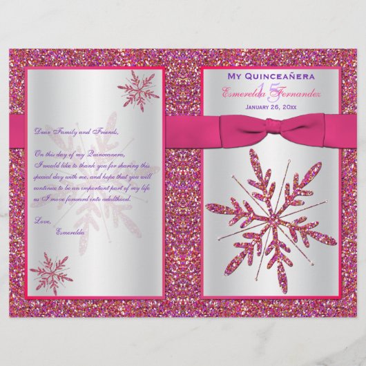 Pink Silver Glitter Snowflakes Quinceañera Program (Voorkant)