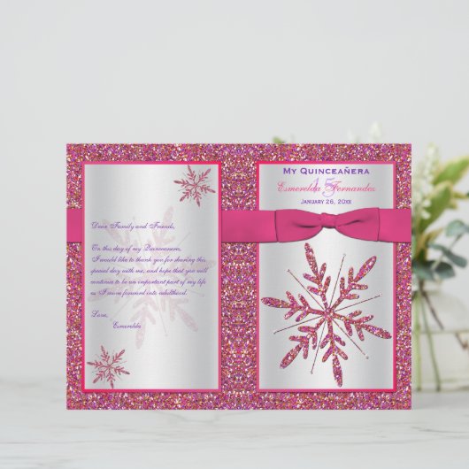 Pink Silver Glitter Snowflakes Quinceañera Program (Staand voorkant)