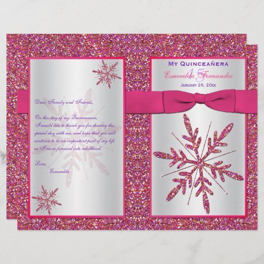 Pink Silver Glitter Snowflakes Quinceañera Program (Voorkant / Achterkant)