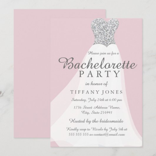 Pink Silver Glitter White Gown Bachelorette Party Kaart (Voorkant / Achterkant)