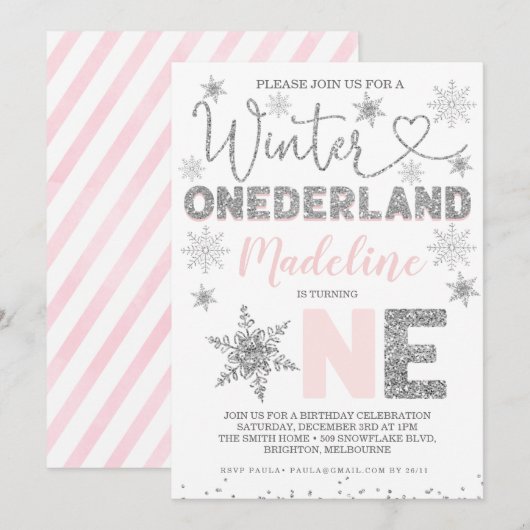 Pink Silver Glitter Winter Onederland Birthday Kaart (Voorkant / Achterkant)