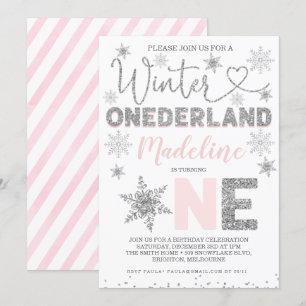 Pink Silver Glitter Winter Onederland Birthday Kaart