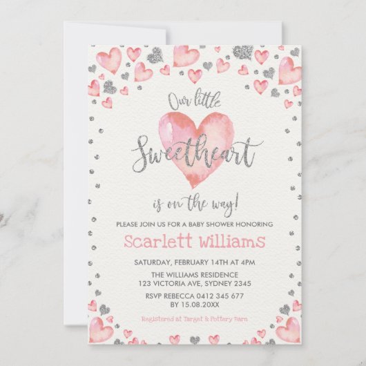 Pink Silver Hearts Sweetheart Girl Baby shower Kaart (Voorkant)