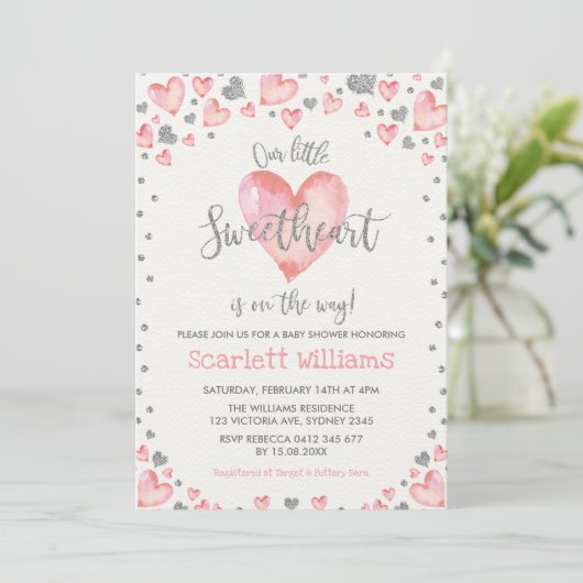 Pink Silver Hearts Sweetheart Girl Baby shower Kaart (Staand voorkant)