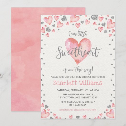 Pink Silver Hearts Sweetheart Girl Baby shower Kaart (Voorkant / Achterkant)