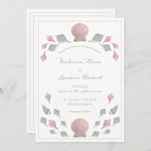 Pink Silver Metallic Seashells Beach Weddenschap Kaart (Voorkant / Achterkant)