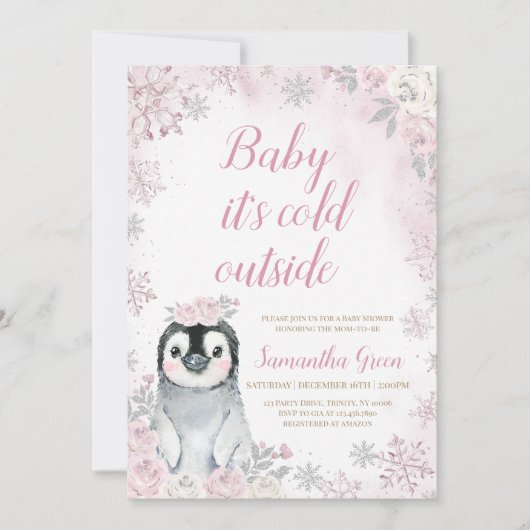 Pink Silver Penguin Baby shower Kaart (Voorkant)