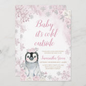 Pink Silver Penguin Baby shower Kaart (Voorkant / Achterkant)