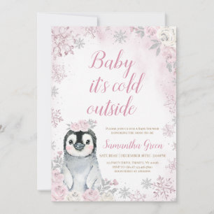 Pink Silver Penguin Baby shower Kaart