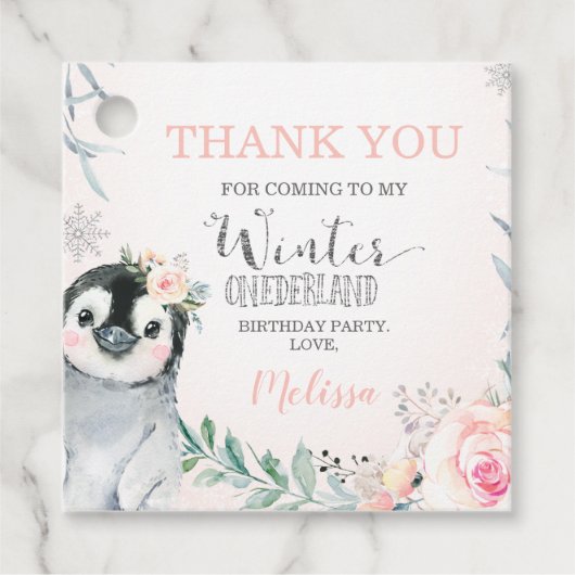 Pink Silver Penguin Winter Onederland Birthday Bedankjes Labels (Voorkant)