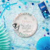 Pink Silver Penguin Winter Onederland Birthday Papieren Bordje (Feest)