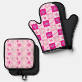 Pink & Silver Peppermints Snowflakes Jouw naam toe Ovenwant & Pannenlap Set (Voorkant / Achterkant)