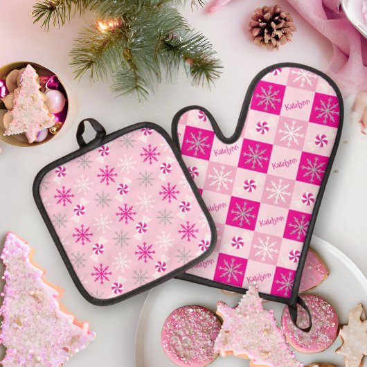 Pink & Silver Peppermints Snowflakes Jouw naam toe Ovenwant & Pannenlap Set
