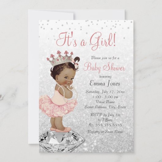 Pink Silver Princess Afro-Amerikaans Baby shower Kaart (Voorkant)