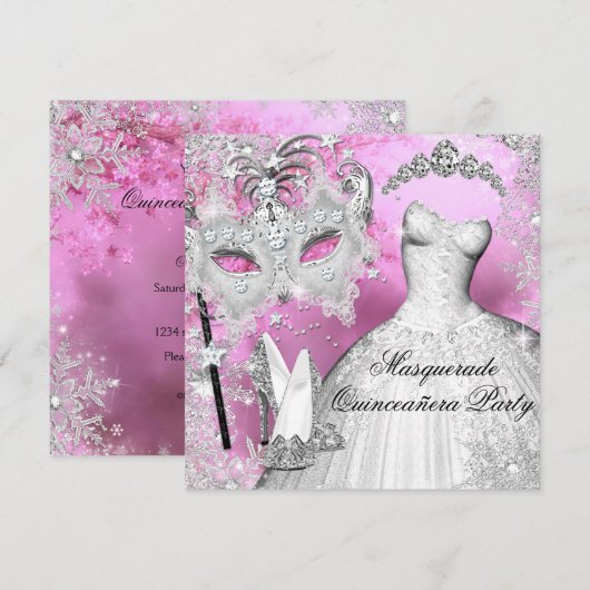 Pink Silver Princess Quinceanera Masquerade Kaart (Voorkant / Achterkant)