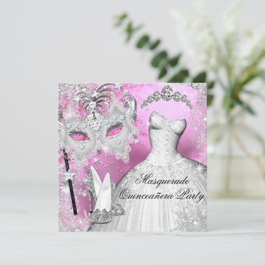 Pink Silver Princess Quinceanera Masquerade Kaart (Staand voorkant)