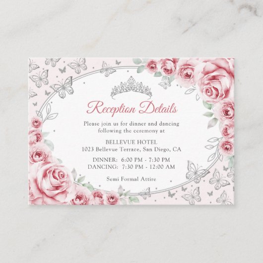 Pink Silver Quinceanera Reception Details Informatiekaartje (Voorkant)
